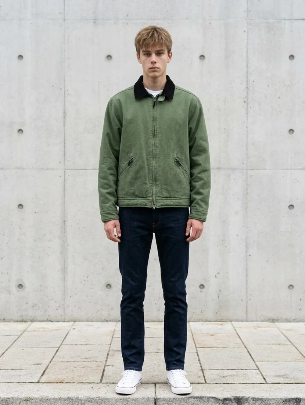 vintage green J.Crew 90's canvas work jacket with a black corduroy collar M